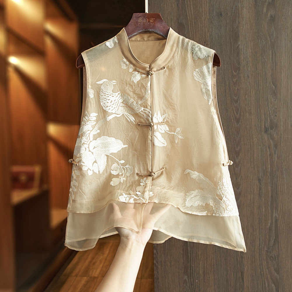 Khaki high end silk Chinese style vest summer style women s thin super beautiful heavy embroidery mulberry silk new Chinese style top image 13