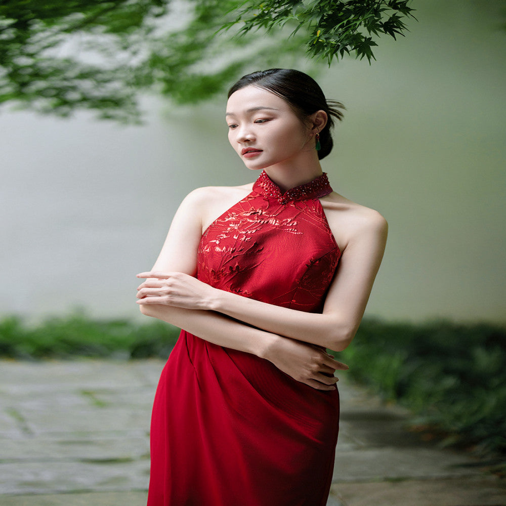 Dear Peony Flower Weaving Bride Cheongsam Hanging Neck Long Dress Improved Shoulder Cutting Engagement Dress Red Morning Robe image 4