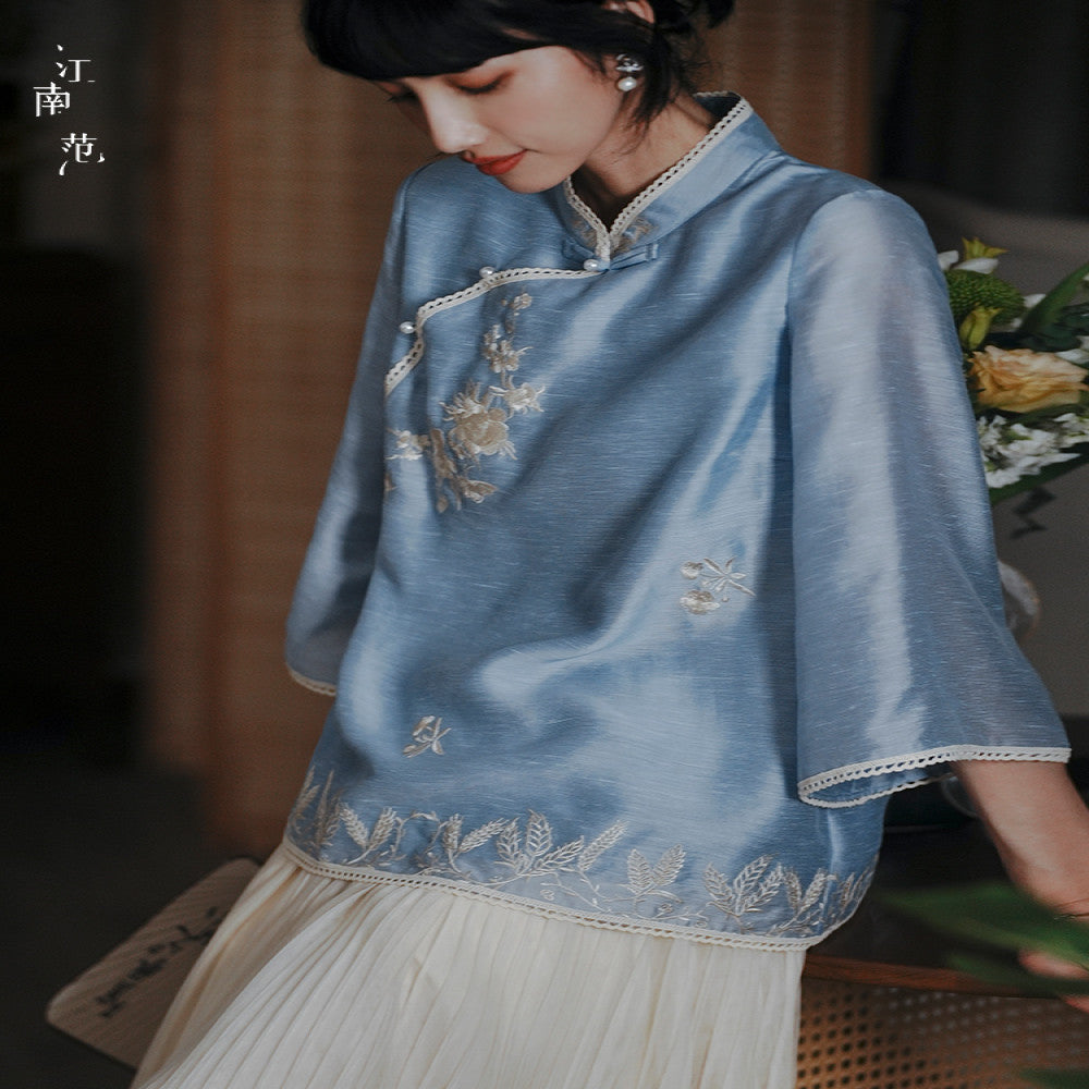 Jiangnan Fan New Chinese style Women s Clothing Improved Blue Cheongsam Top Embroidered Young Style Republic of China Style Retro Style Small Shirt image 0