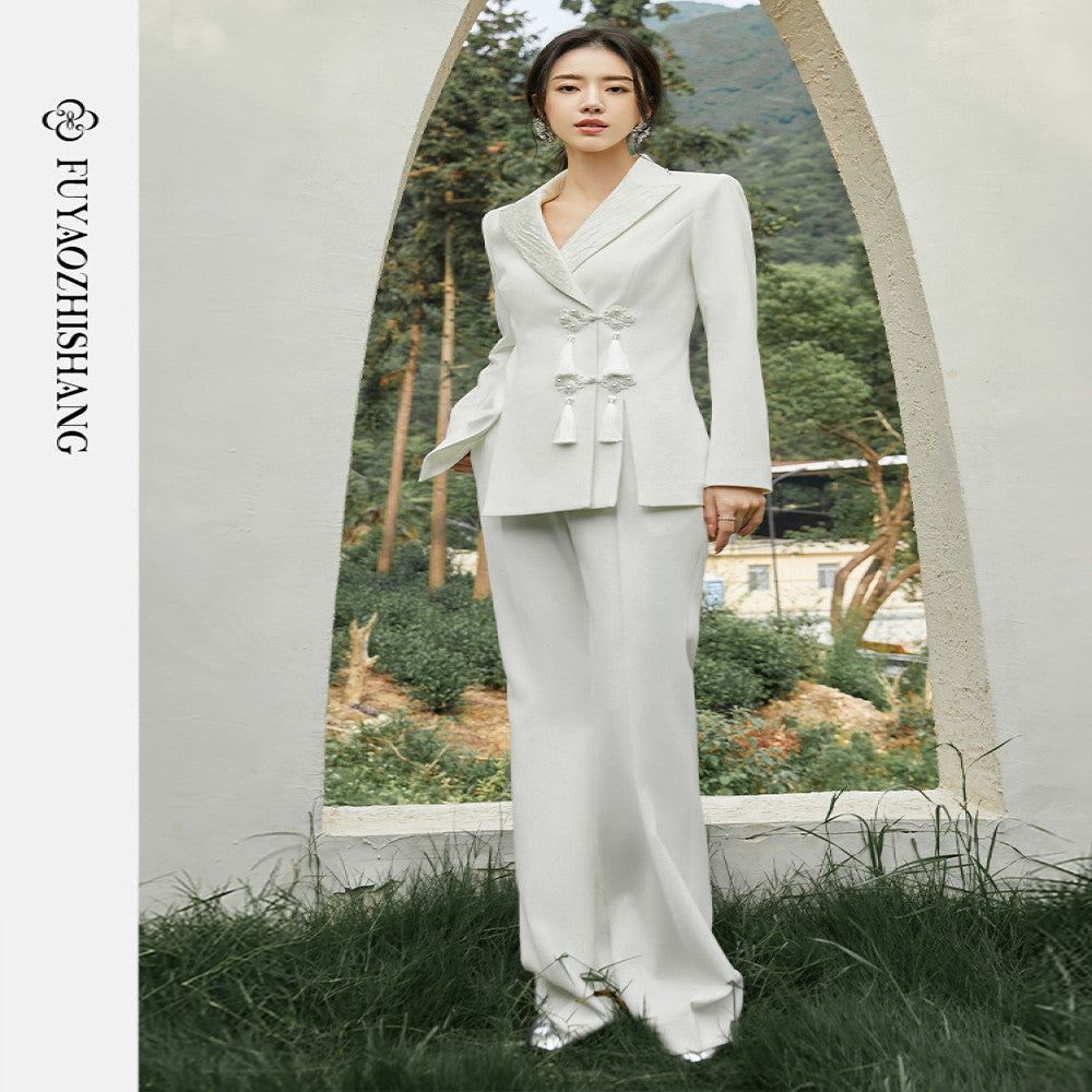 FUYAO Chinese style suit jacket women s autumn new design tassel buckle lapel suit long sleeved top image 4