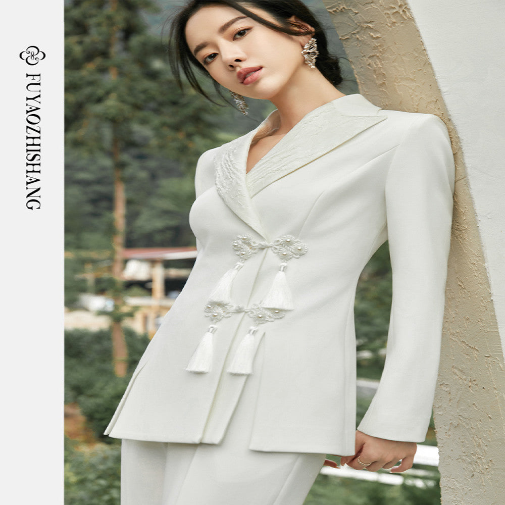 FUYAO Chinese style suit jacket women s autumn new design tassel buckle lapel suit long sleeved top image 0