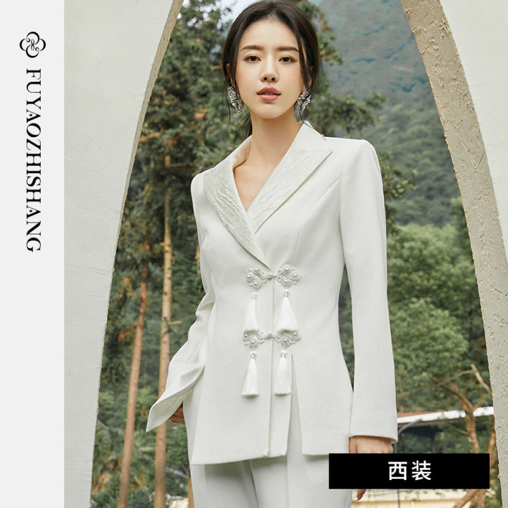 FUYAO Chinese style suit jacket women s autumn new design tassel buckle lapel suit long sleeved top image 14