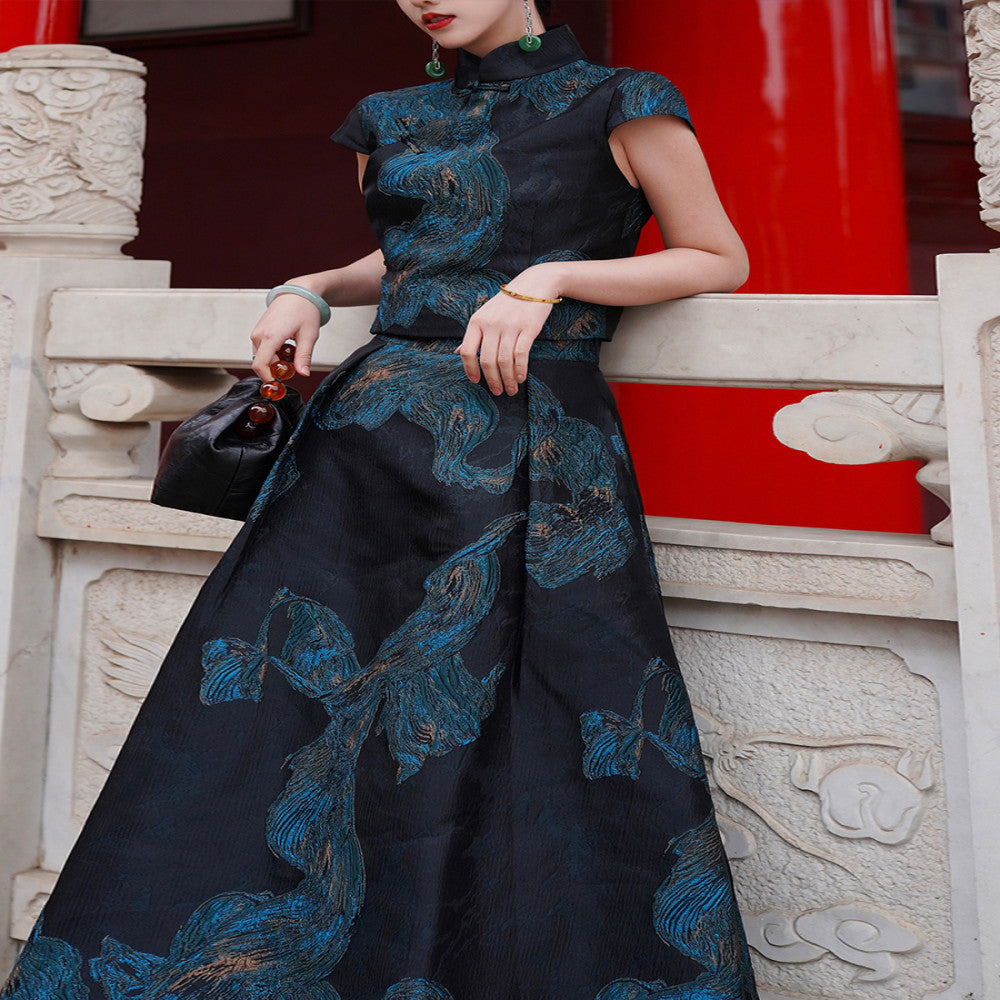 Cheng Yu Gao Ding Feng Luan Jin Lin Xin Chinese style silk gilded embroidery slanted collar cheongsam top and skirt set image 2