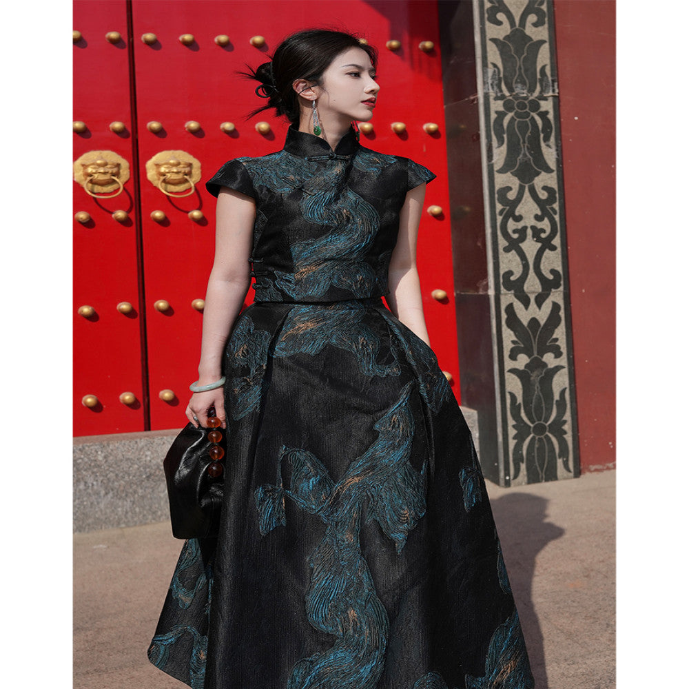 Cheng Yu Gao Ding Feng Luan Jin Lin Xin Chinese style silk gilded embroidery slanted collar cheongsam top and skirt set image 4