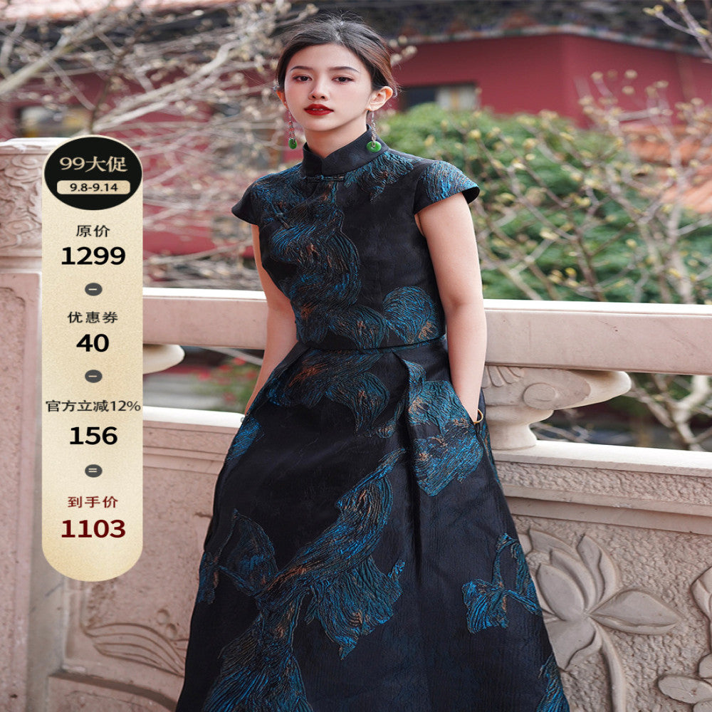 Cheng Yu Gao Ding Feng Luan Jin Lin Xin Chinese style silk gilded embroidery slanted collar cheongsam top and skirt set image 7