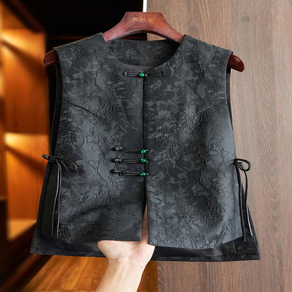 High grade black new Chinese waistcoat vest women s retro jacquard niche light China Chic style button folding top image 1