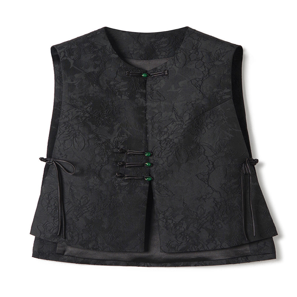 High grade black new Chinese waistcoat vest women s retro jacquard niche light China Chic style button folding top image 5