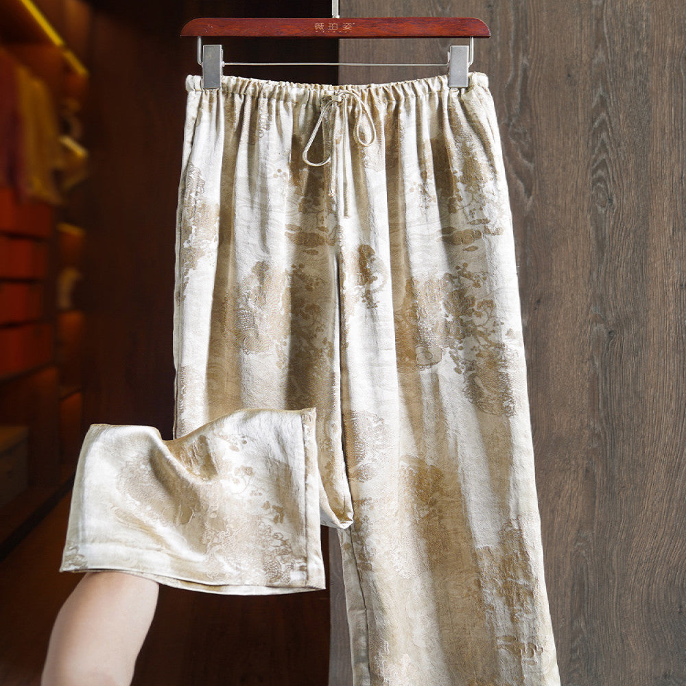 Champagne high level casual straight trousers for women New vintage light China Chic jacquard high waist loose wide leg pants image 1