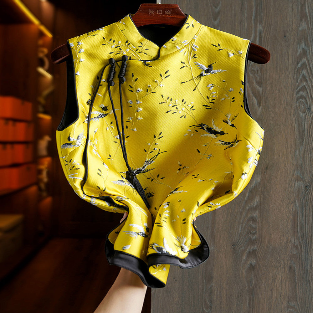 Yellow silk woven brocade vest women s spring and autumn new original design retro embroidery Chinese style buckle top image 2