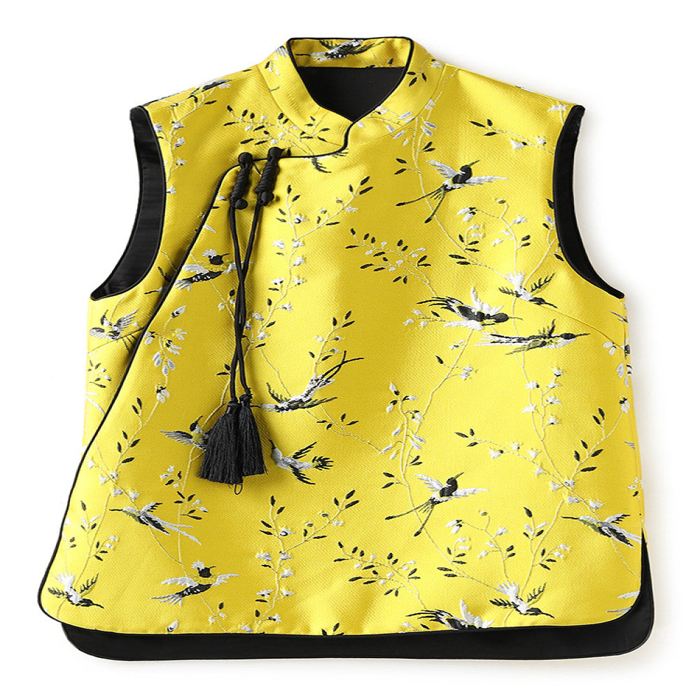 Yellow silk woven brocade vest women s spring and autumn new original design retro embroidery Chinese style buckle top image 5