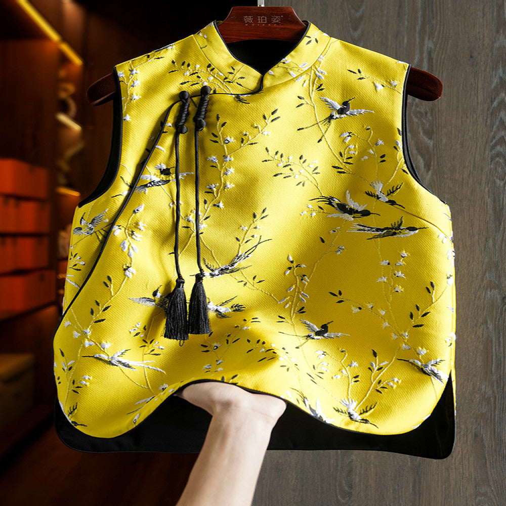 Yellow silk woven brocade vest women s spring and autumn new original design retro embroidery Chinese style buckle top image 0