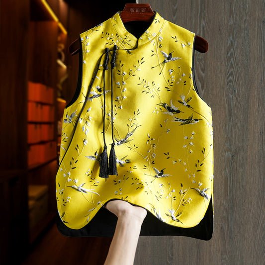 ASAYA3376 Yellow silk brocade Qipao Vest with embroideries
