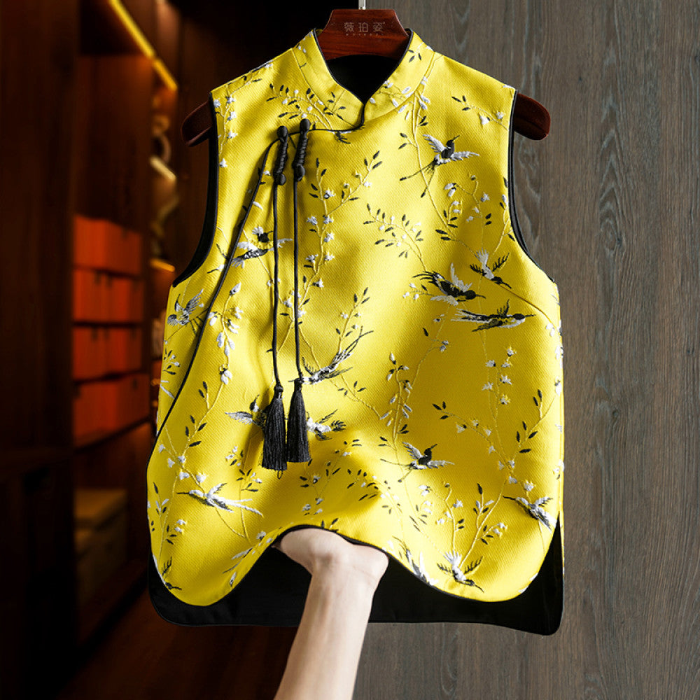 ASAYA3376 Yellow silk brocade Qipao Vest with embroideries