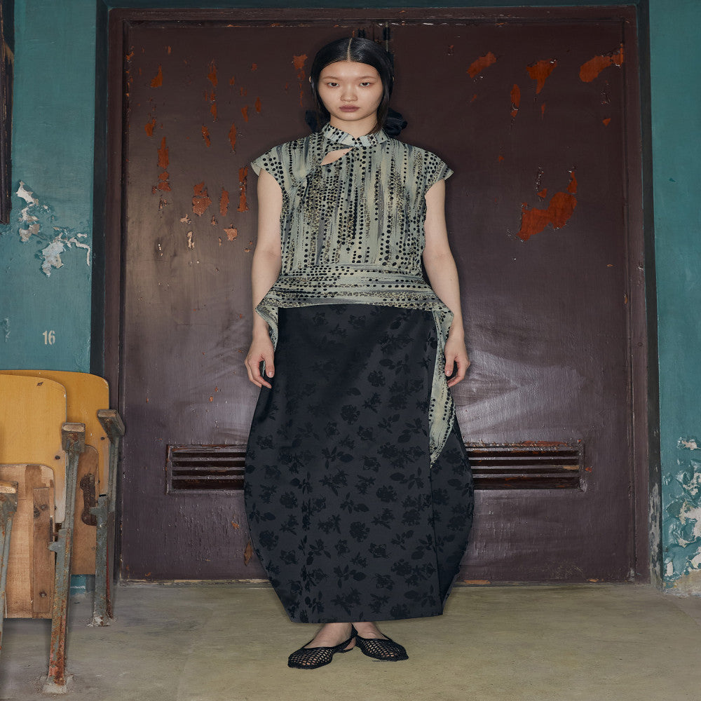 PaleBlueDot Summer Trendy Black Satin Jacquard Paper Design with Flower Bud Half Skirt for Women image 9