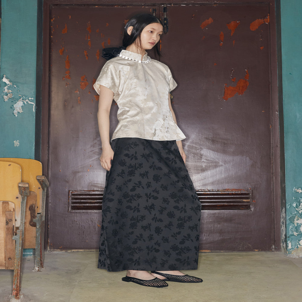 PaleBlueDot Summer Trendy Black Satin Jacquard Paper Design with Flower Bud Half Skirt for Women image 10