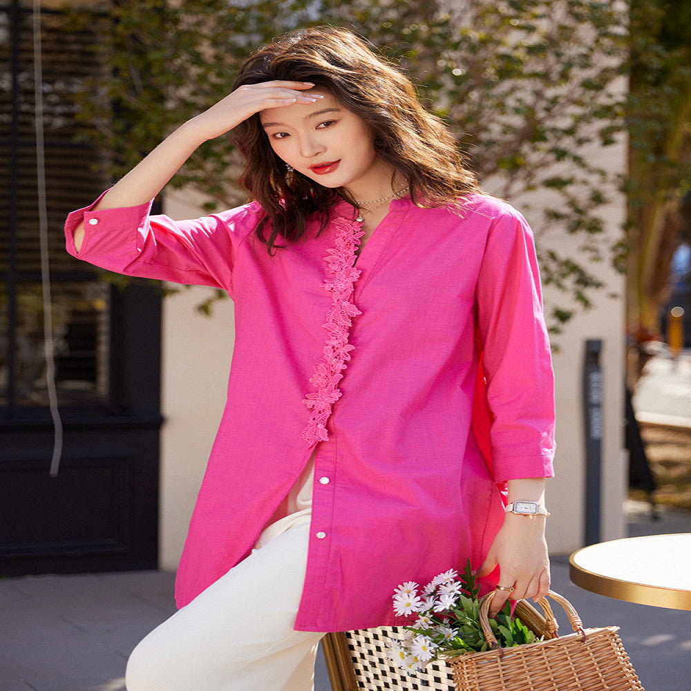 Rose red top with a light luxury and high end feel 2025 Spring and Autumn shirt mid to long length plus size cotton and linen new Chinese style lace collage image 2