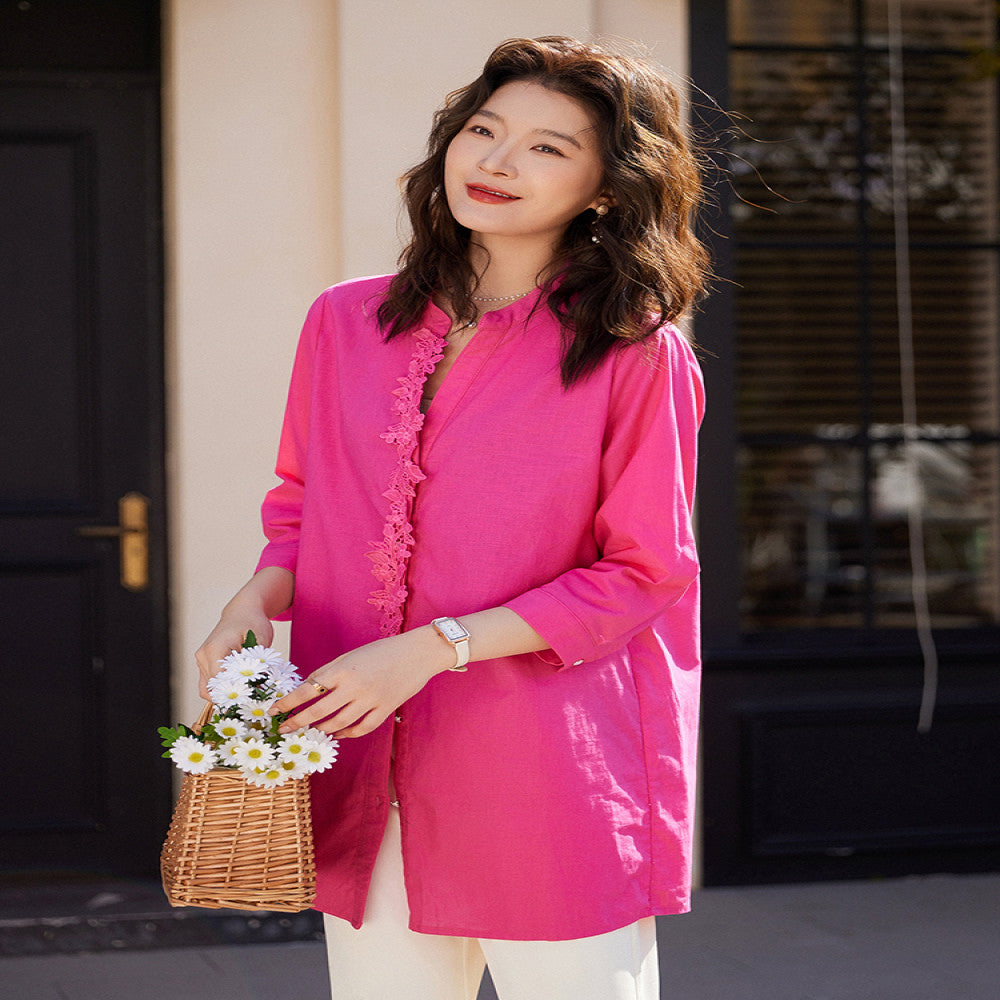Rose red top with a light luxury and high end feel 2025 Spring and Autumn shirt mid to long length plus size cotton and linen new Chinese style lace collage image 4