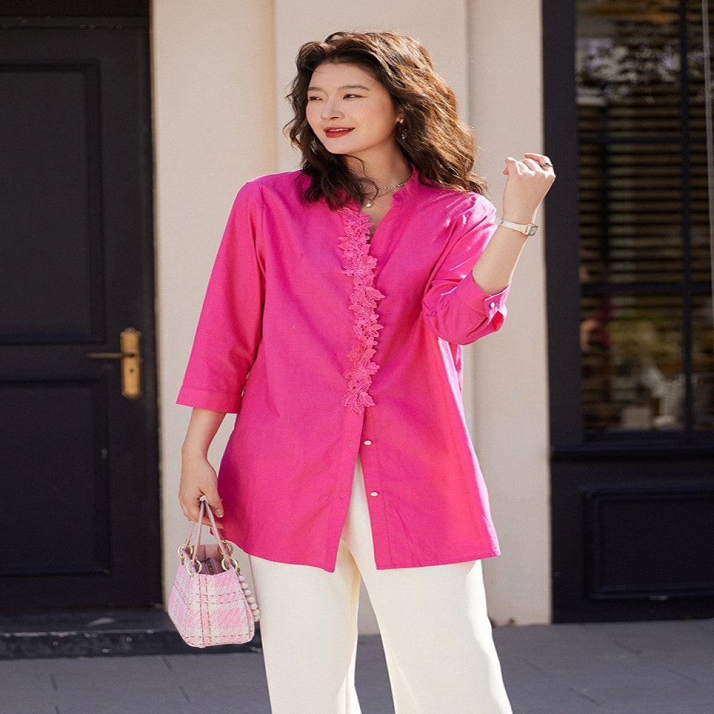 Rose red top with a light luxury and high end feel 2025 Spring and Autumn shirt mid to long length plus size cotton and linen new Chinese style lace collage image 5