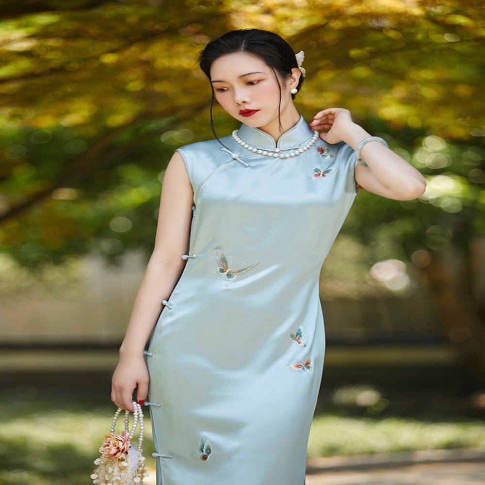Blue water soluble top ulara hand push embroidery acetic acid spring summer style retro embroidery ancient method fully open no province cheongsam image 2