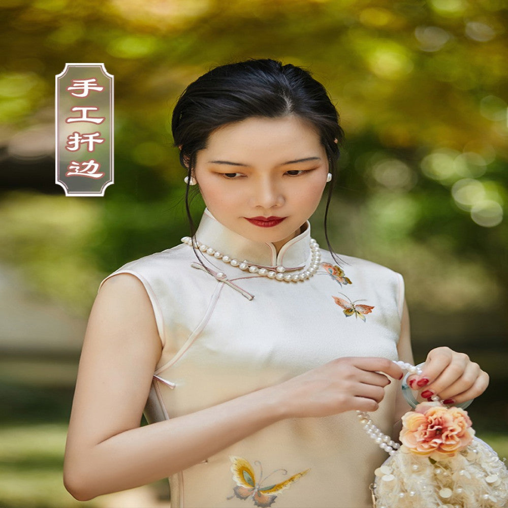 Blue water soluble top ulara hand push embroidery acetic acid spring summer style retro embroidery ancient method fully open no province cheongsam image 3