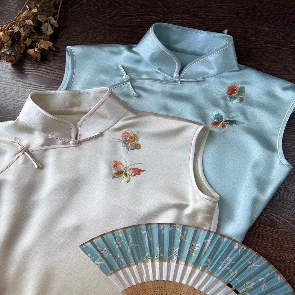 Blue water soluble top ulara hand push embroidery acetic acid spring summer style retro embroidery ancient method fully open no province cheongsam image 4