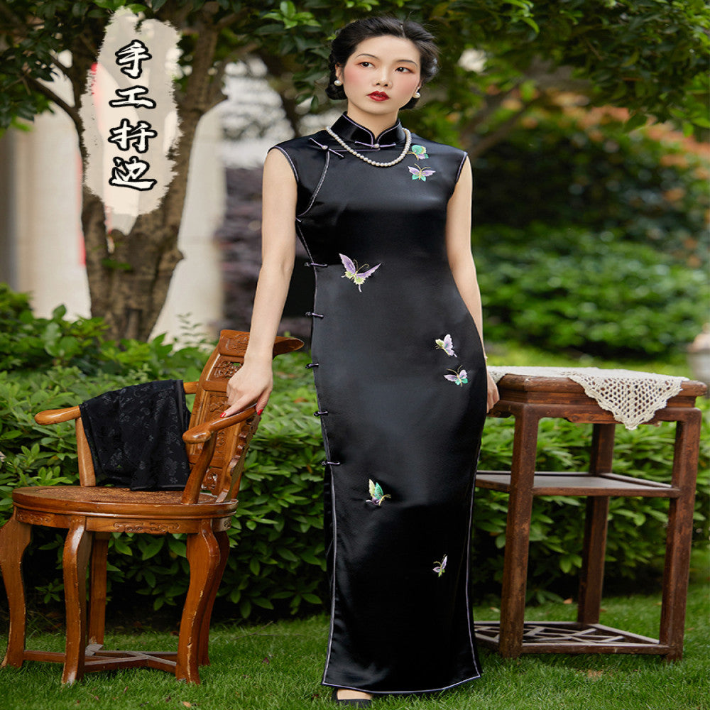 Blue water soluble top ulara hand push embroidery acetic acid spring summer style retro embroidery ancient method fully open no province cheongsam image 5