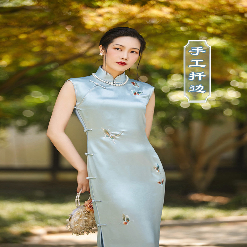 Blue water soluble top ulara hand push embroidery acetic acid spring summer style retro embroidery ancient method fully open no province cheongsam image 0