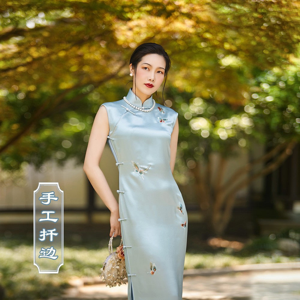 Blue water soluble top ulara hand push embroidery acetic acid spring summer style retro embroidery ancient method fully open no province cheongsam image 25