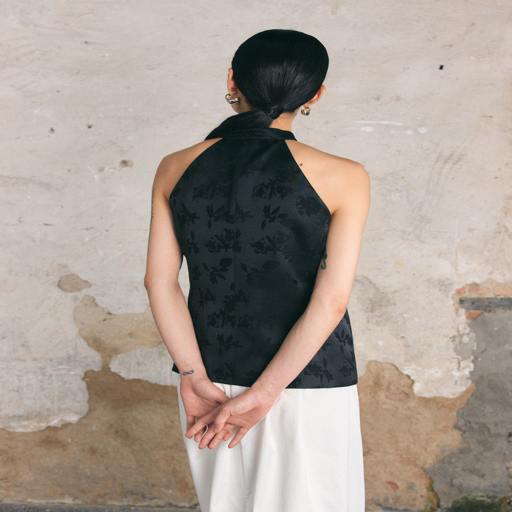 PaleBlueDot Original Designer New Chinese Jade Black Jacquard Shoulder Digging Vest Top image 4