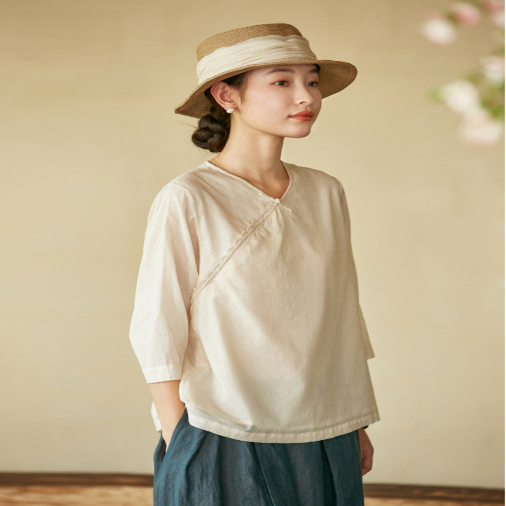 Wanlang Jixiangyu er Original Cotton Handmade Hook Lace Cross Collar Buckle Art New Chinese style Small Top for Women image 2