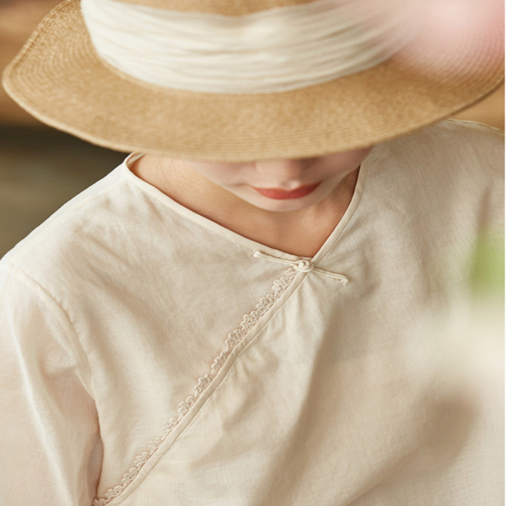 Wanlang Jixiangyu er Original Cotton Handmade Hook Lace Cross Collar Buckle Art New Chinese style Small Top for Women image 3