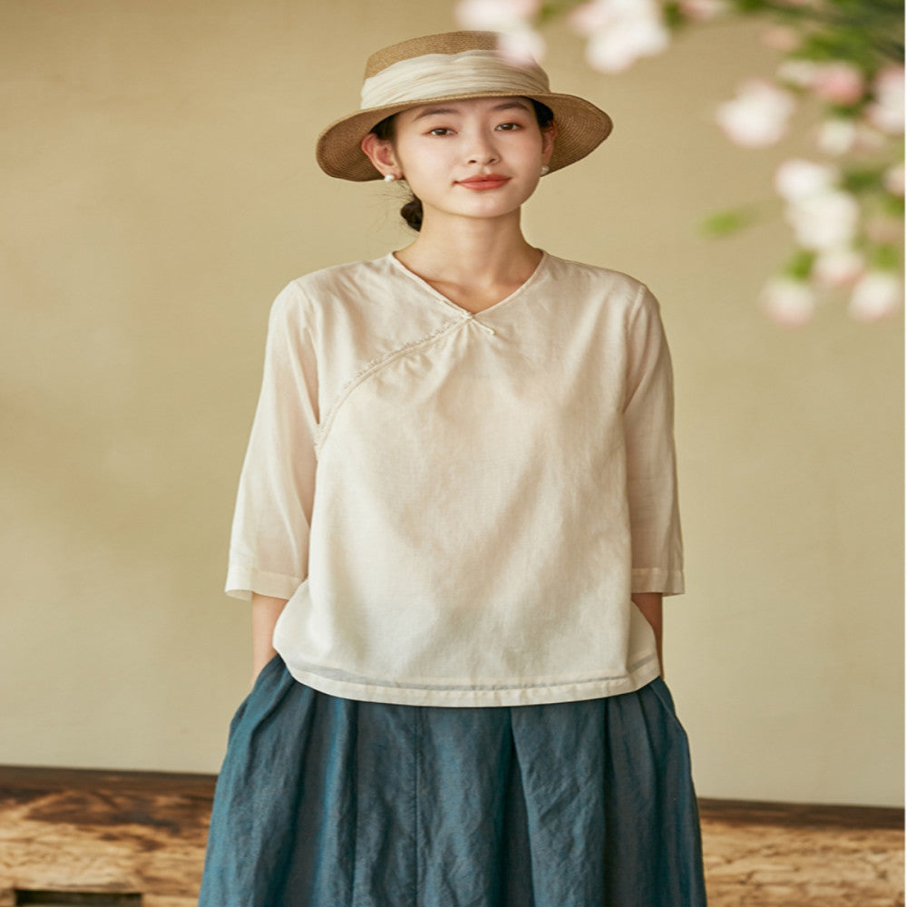 Wanlang Jixiangyu er Original Cotton Handmade Hook Lace Cross Collar Buckle Art New Chinese style Small Top for Women image 0