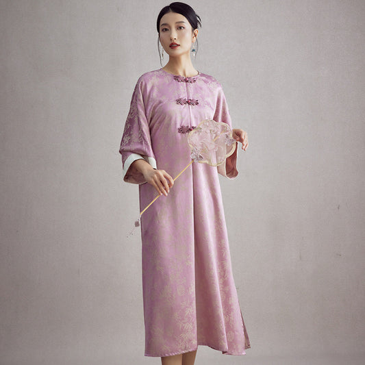 ASAYA3365 Chinese Style National Tide Retro Improved Round Neck Jacquard Daily Casual Tea Dress