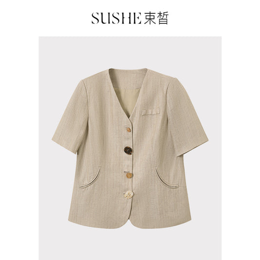 ASAYA3356 Linen collarless short-sleeved special-shaped button suit