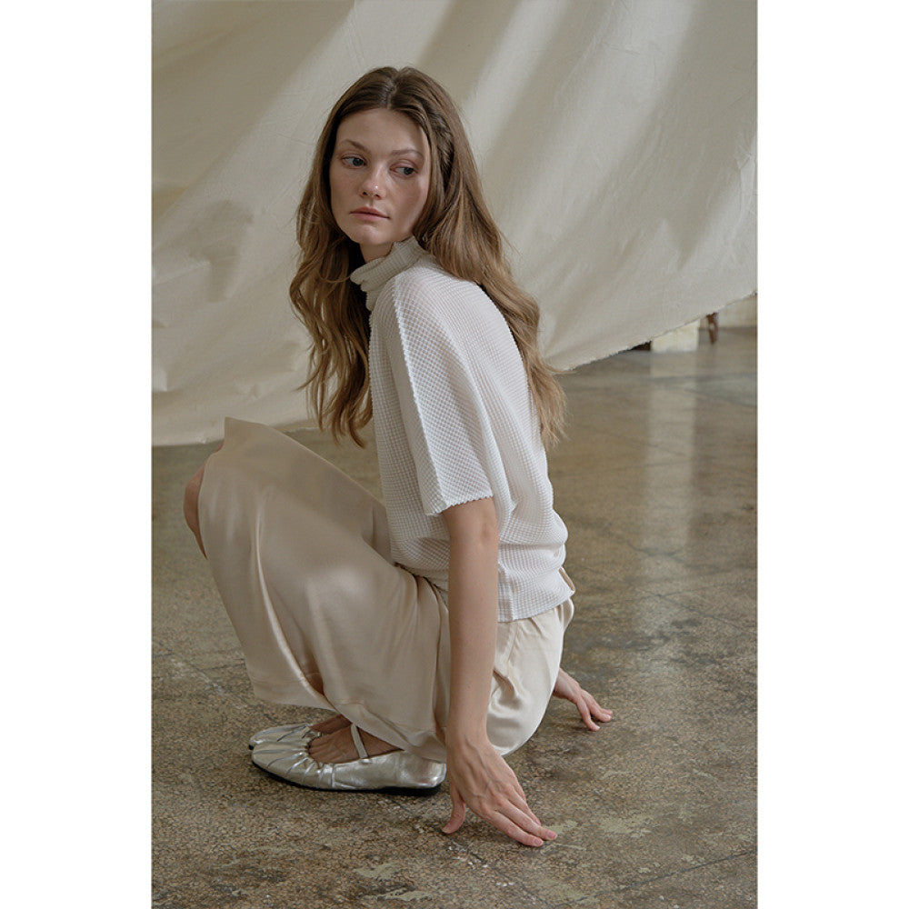 ASAYA3355 French high collar short sleeve pleated top mid sleeve t-shirt