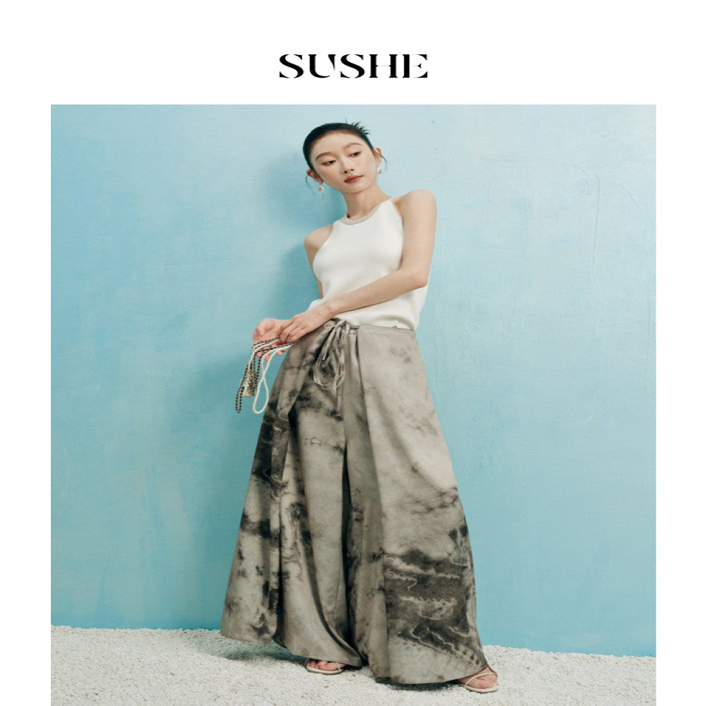Shuxi SUSHE New Chinese Ink Smoke and Rain Design with Splicing and Patchwork Strap Large Pants Swing Skirts Women s Summer image 3