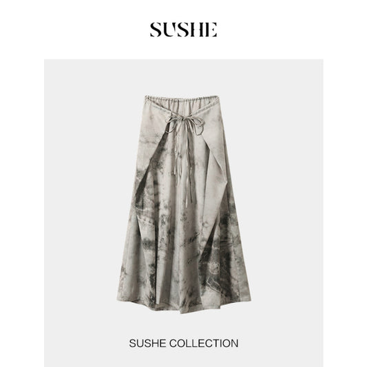 ASAYA3351 Chinese style ink painting misty rain design splicing strappy big pants skirt pants