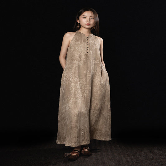 ASAYA3343 Wabi-sabi style new Chinese style stand-up collar jacquard linen off-shoulder dress