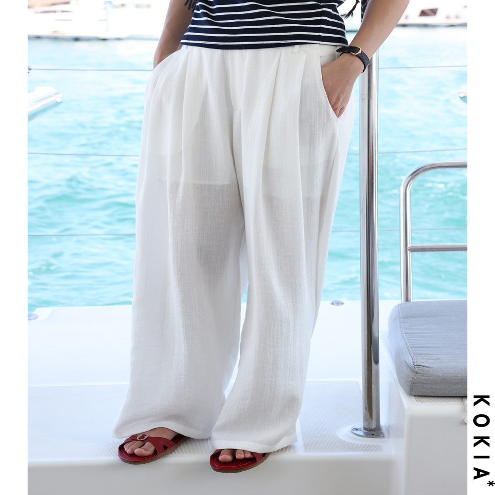 KOKIA spot air feeling relaxed soft texture linen material semi elastic waist comfortable and loose wide leg pants in two colors image 5