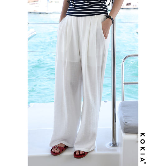 ASAYA3341 Airy, loose, soft, linen material, comfortable to wear, semi-elastic waist, comfortable, loose wide-leg trousers in two colors