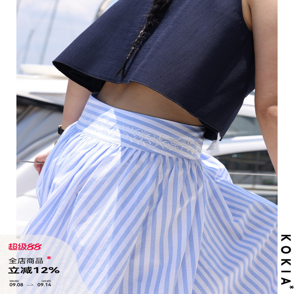 KOKIA spot nautical artist French Madeira embroidery curved wide waist striped half body umbrella skirt in two colors image 0