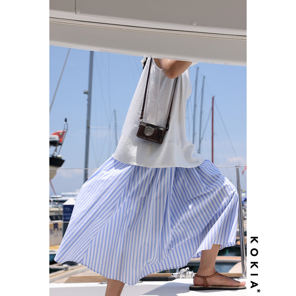 ASAYA3340 Nautical Artist French Madeira Embroidery Curved Wide Waist Striped Holiday Half-length Umbrella Skirt Two Colors