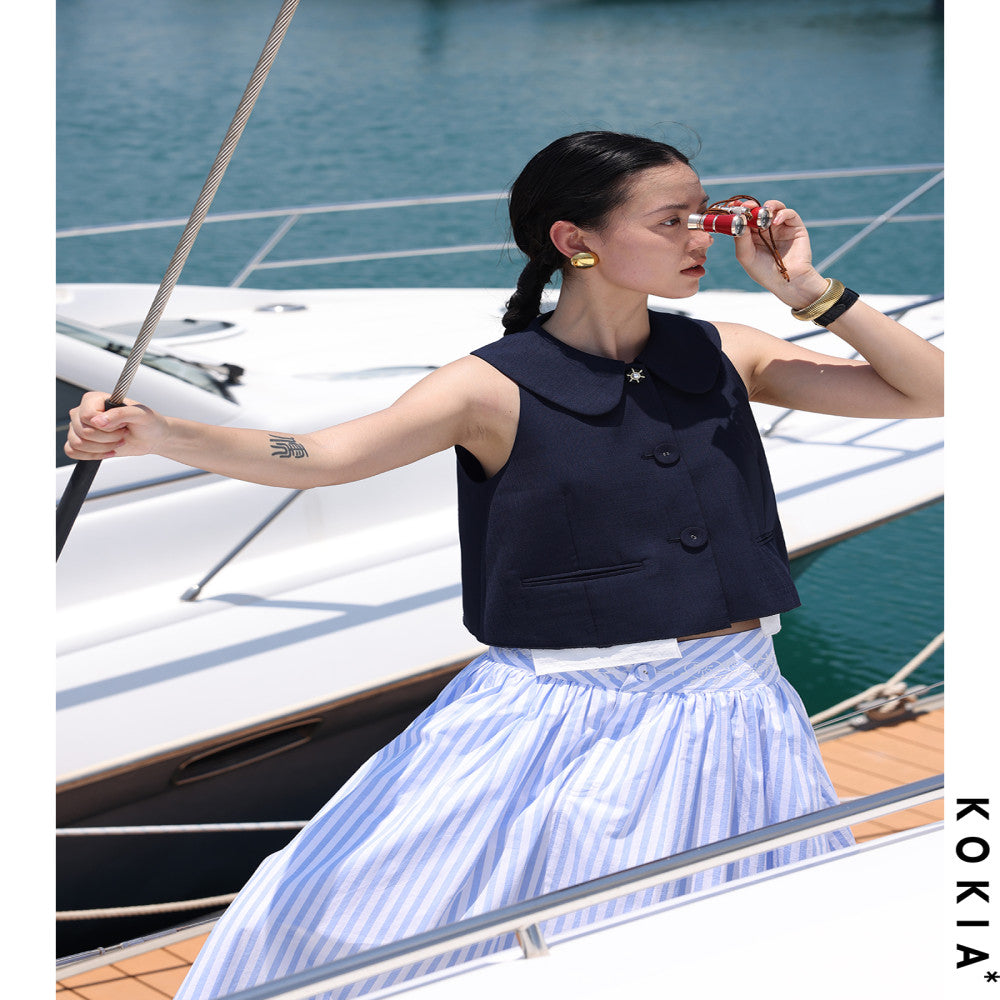 KOKIA in stock high quality texture linen fabric playful lady Eaton collar raglan sleeves A list short vest two colors image 2