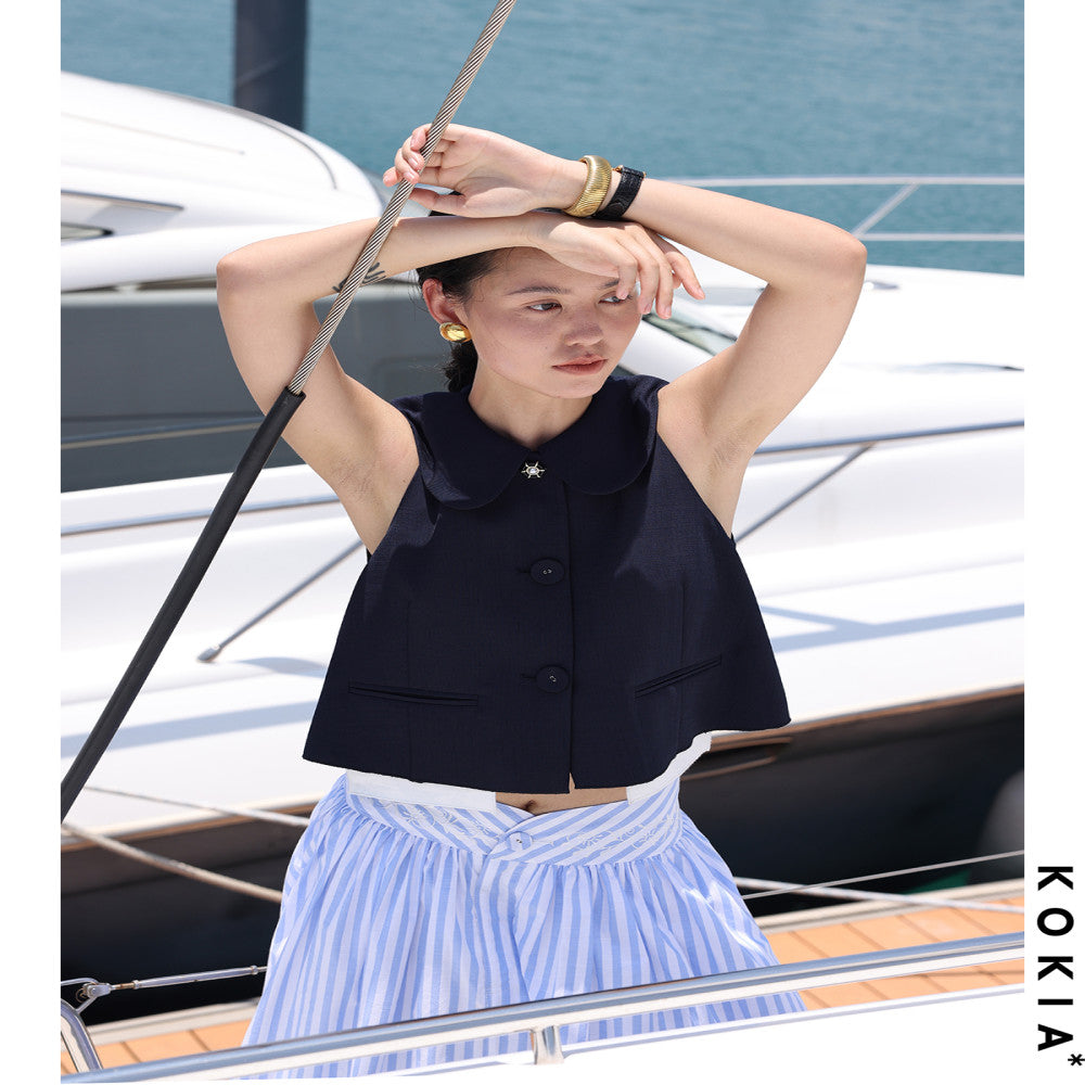 KOKIA in stock high quality texture linen fabric playful lady Eaton collar raglan sleeves A list short vest two colors image 4