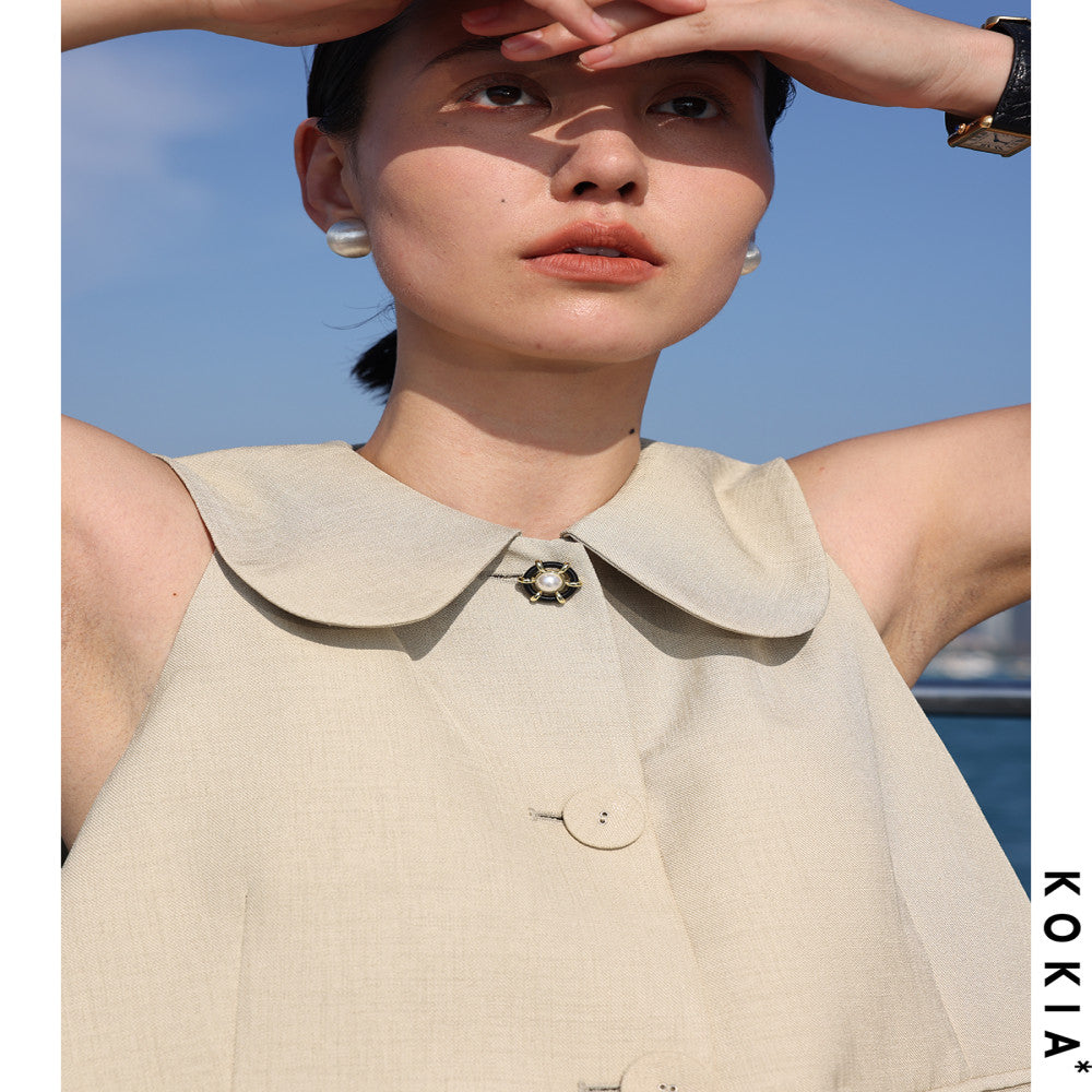 KOKIA in stock high quality texture linen fabric playful lady Eaton collar raglan sleeves A list short vest two colors image 5