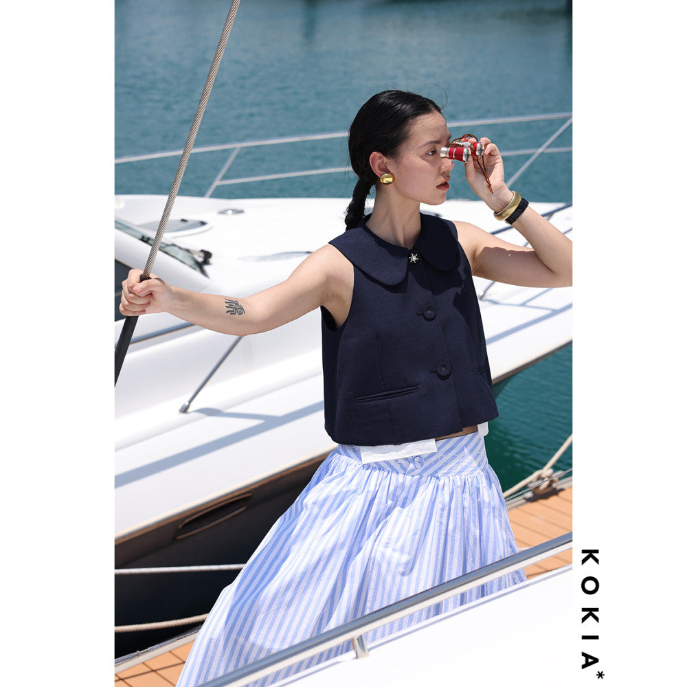 KOKIA in stock high quality texture linen fabric playful lady Eaton collar raglan sleeves A list short vest two colors image 8