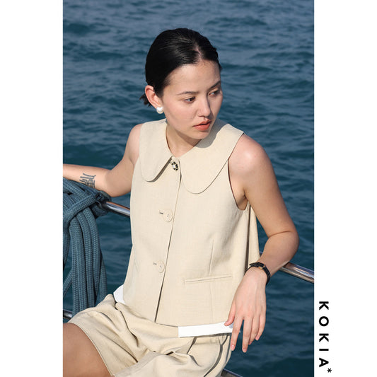 ASAYA3339 High-quality textured, playful lady Eton collar, raglan sleeves, A-line short vest, two colors