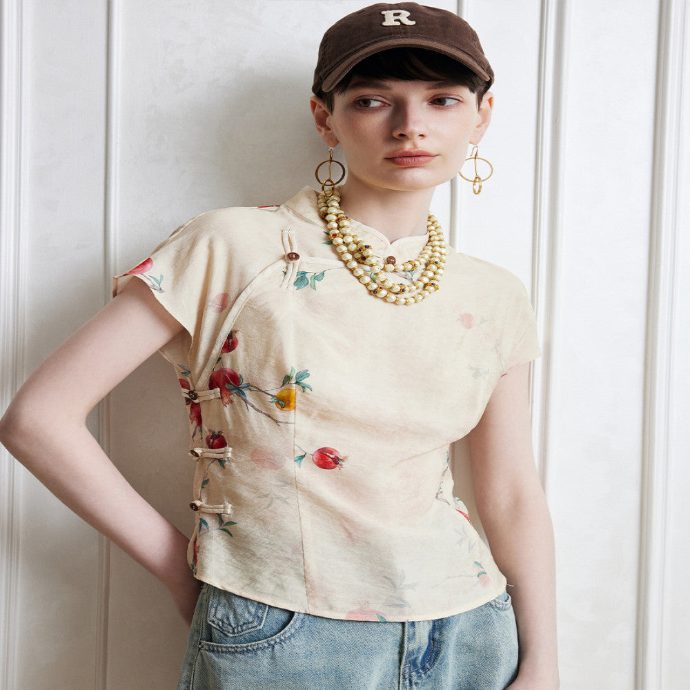 Aozhi Country Apricot New Chinese Printed Stand up Collar Oblique Collar Shirt Chinese Style Clear and Cold Short Sleeve T shirt Women s Summer N image 2