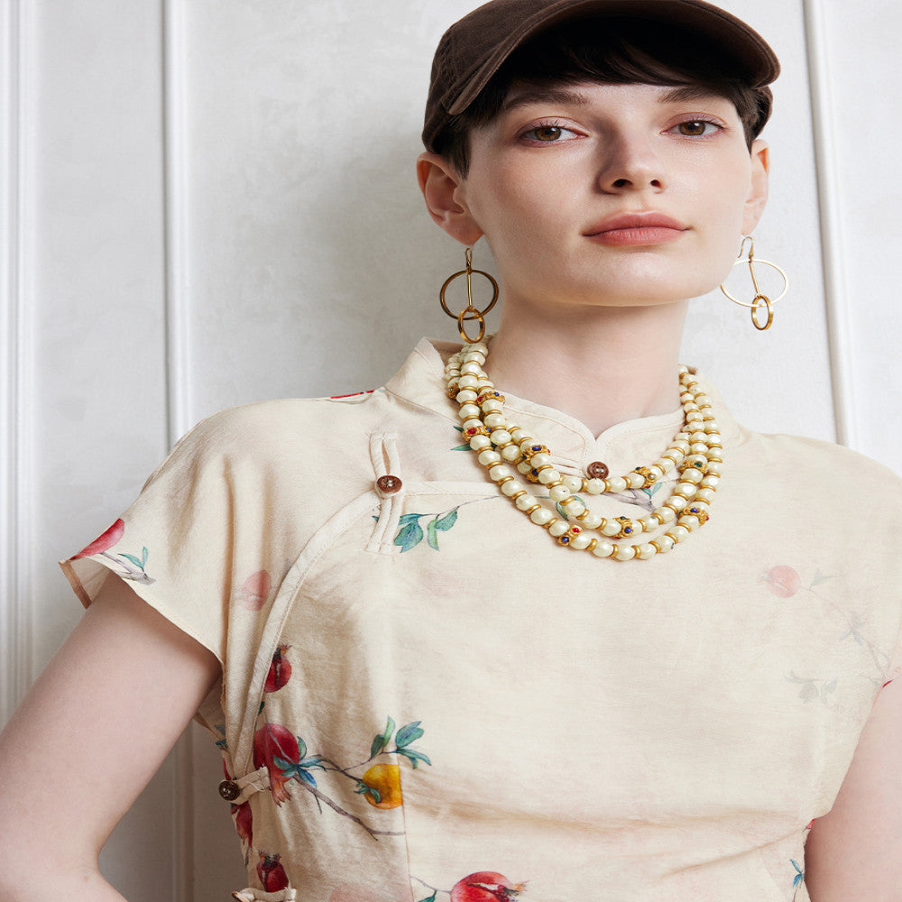 Aozhi Country Apricot New Chinese Printed Stand up Collar Oblique Collar Shirt Chinese Style Clear and Cold Short Sleeve T shirt Women s Summer N image 4