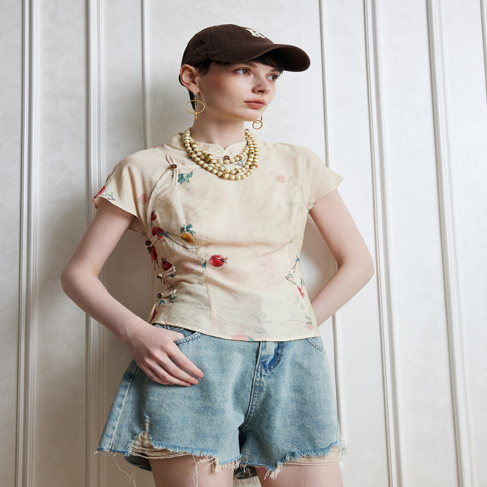 Aozhi Country Apricot New Chinese Printed Stand up Collar Oblique Collar Shirt Chinese Style Clear and Cold Short Sleeve T shirt Women s Summer N image 5